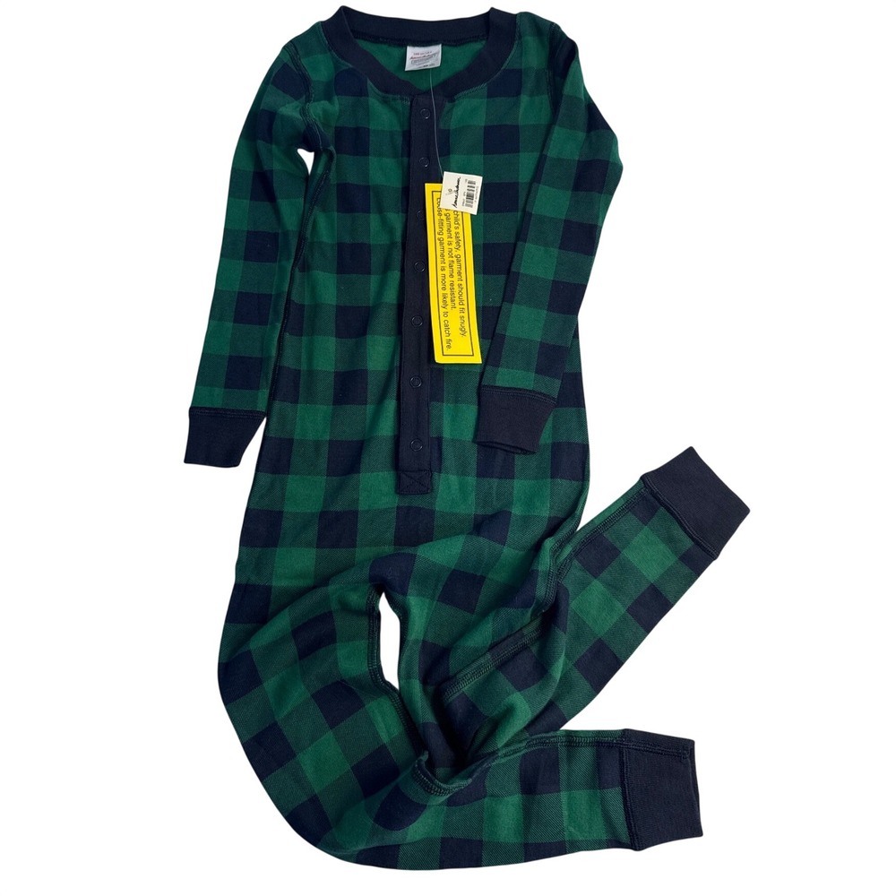 New Hanna Andersson Green Black Buffalo Plaid One Piece Pajamas 4T Christmas